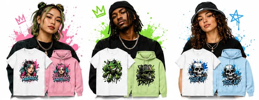 Three people wearing artist designs on tees and hoodies