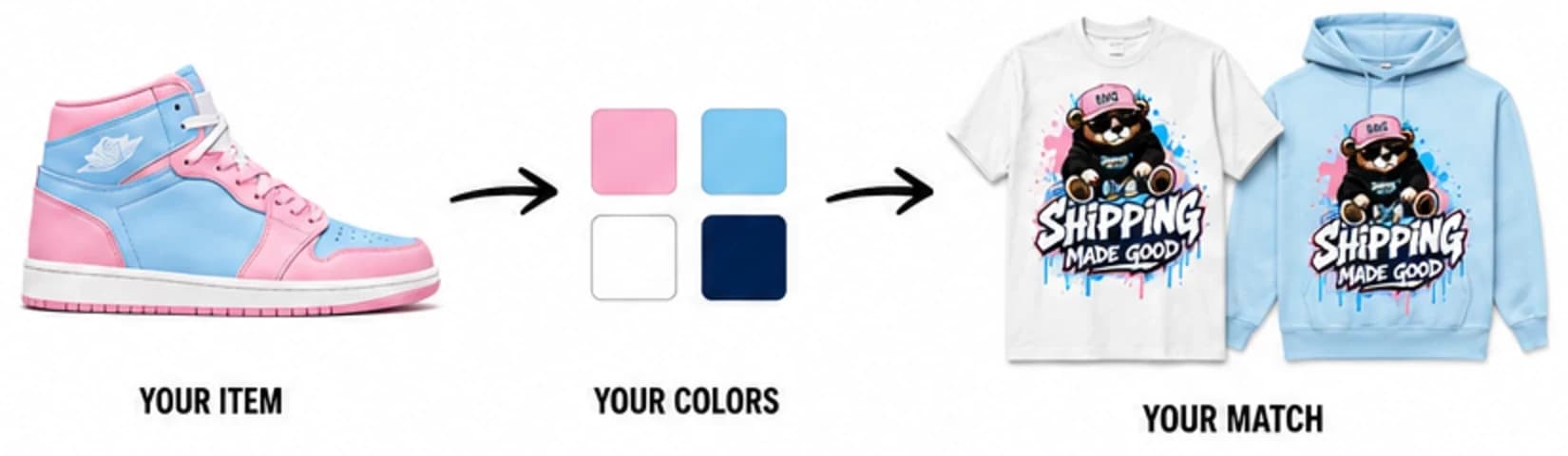 A pink and blue sneaker, the four colors taken from it, and a tee and a hoodie printed with the SMG bear in those colors